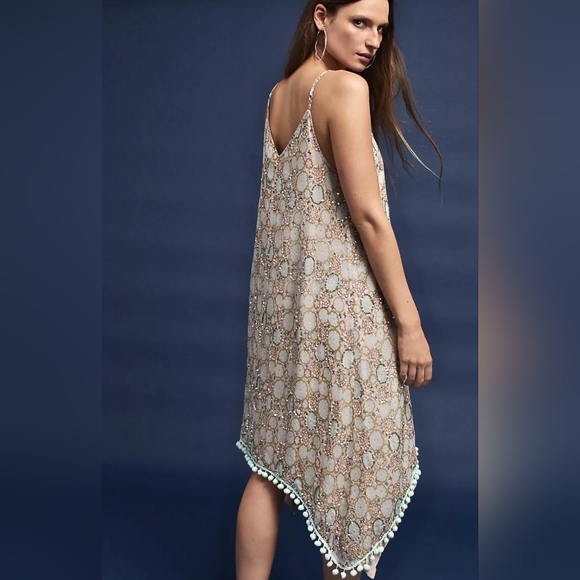 Anthropologie Raga Amalfi Sequin Pom Pom Tan Chiffon Swing Midi Dress, EUC, XS - Picture 2 of 5